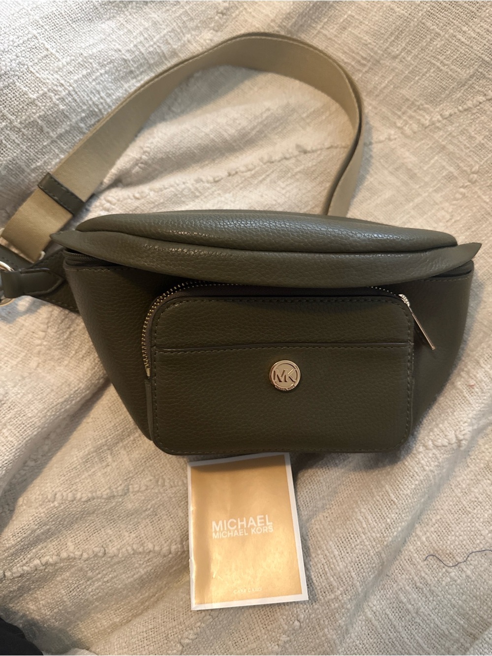 Michael Kors Olive Green Pebbled Leather Belt Bag with Front Pocket